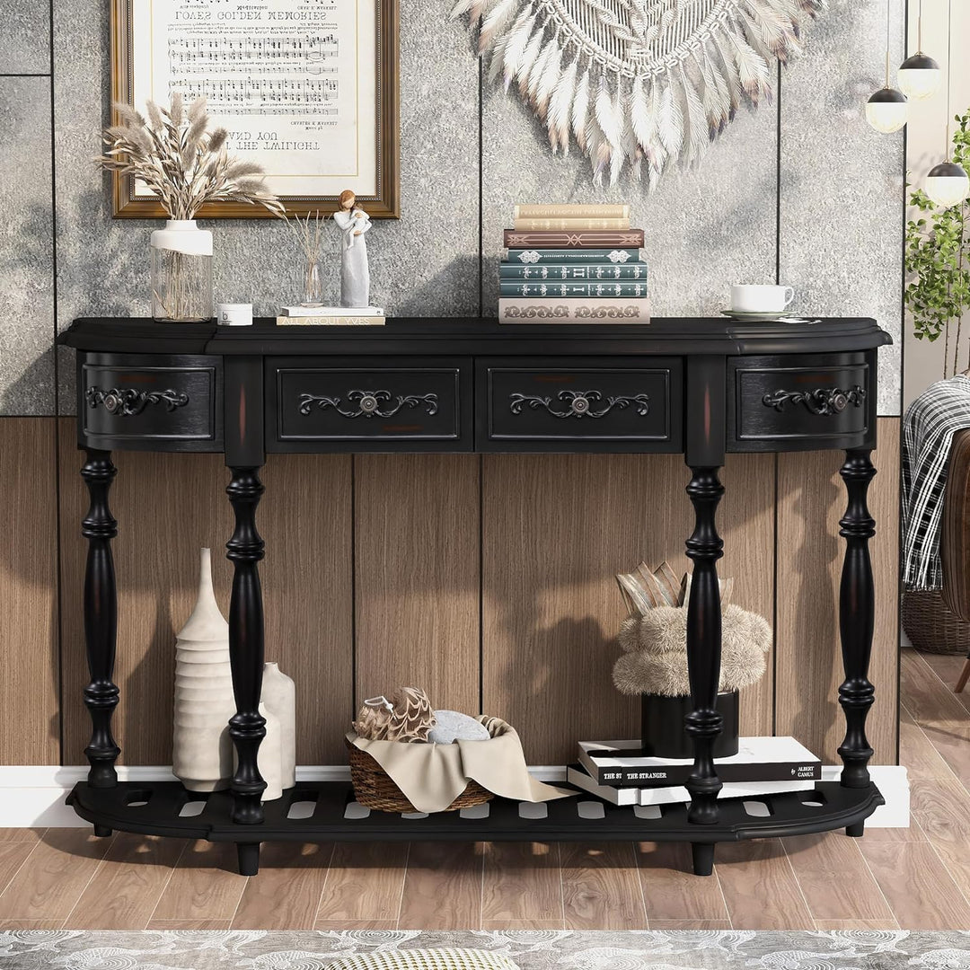 Retro Half Moon Entryway Table, Black, 4 Drawers34