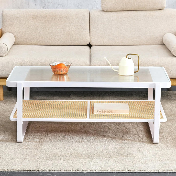 Mid-Century Modern Coffee Table, Ribbed Glass, Rattan Shelf, White