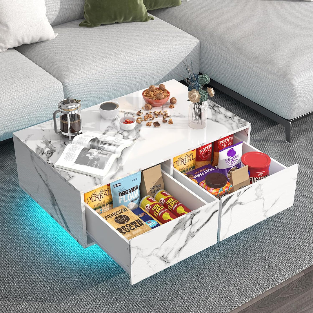 Modern High Gloss Coffee Table with LED Lighting, White Marble