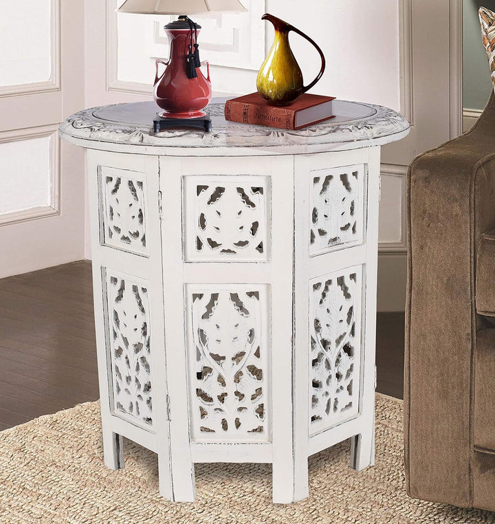 Round Side Table, Small Carved Wood Table 18" - White