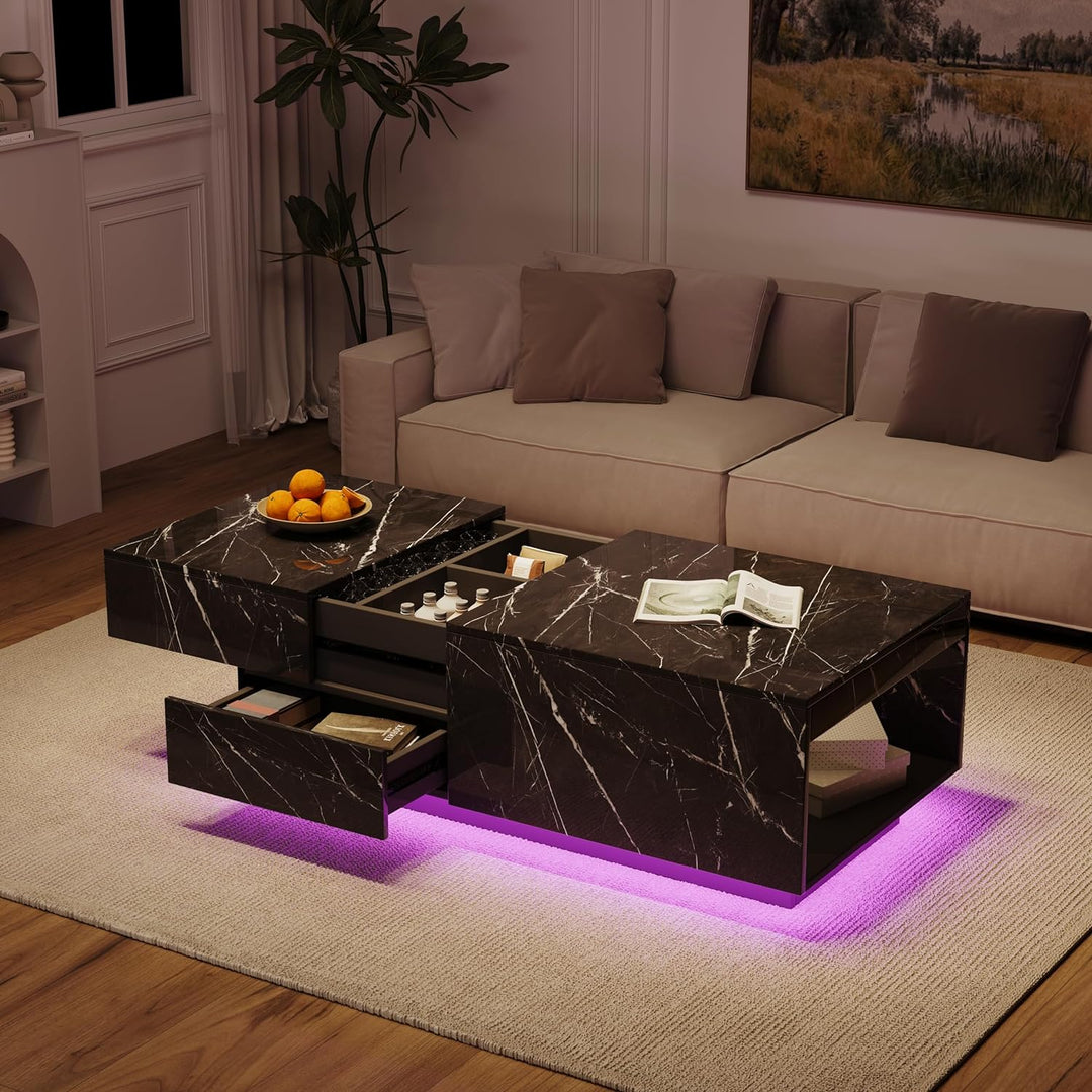 LED Coffee Table, 43" UV High Gloss Modern Center Table, Jet Black