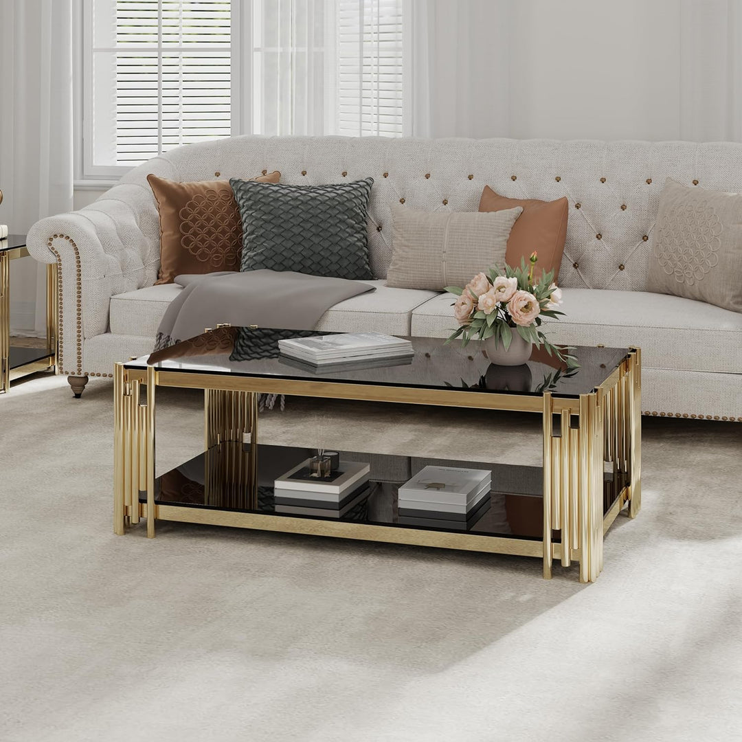 Elegant Gold Glass Coffee Table with Black Tempered Glass Top, Black3