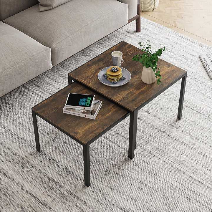 Nesting Coffee Table Set, Square Modern Stacking Tables, Rustic Brown