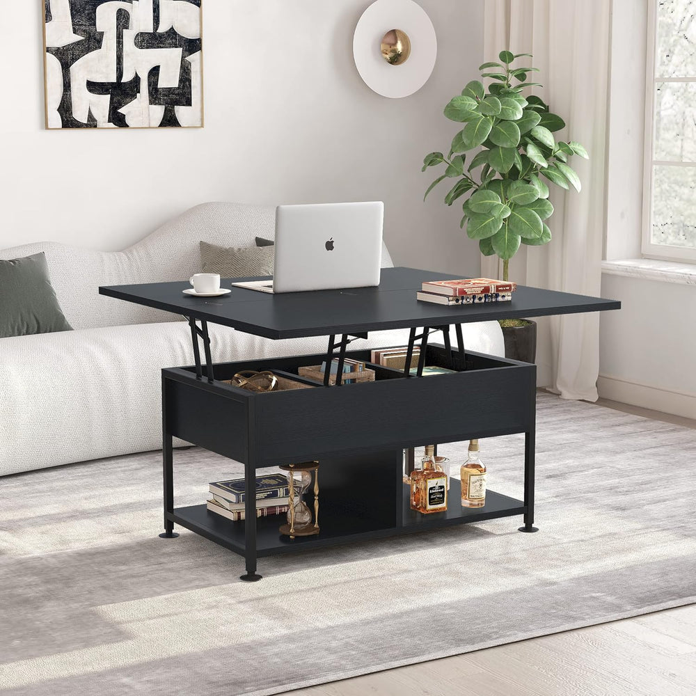 Lift Top Coffee Table with Hidden Compartment, Modern 4-in-1 Multifunctional Dining Table for Living Room, Black