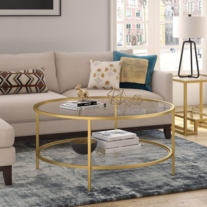 Elegant Round Glass Coffee Table with Brass Frame