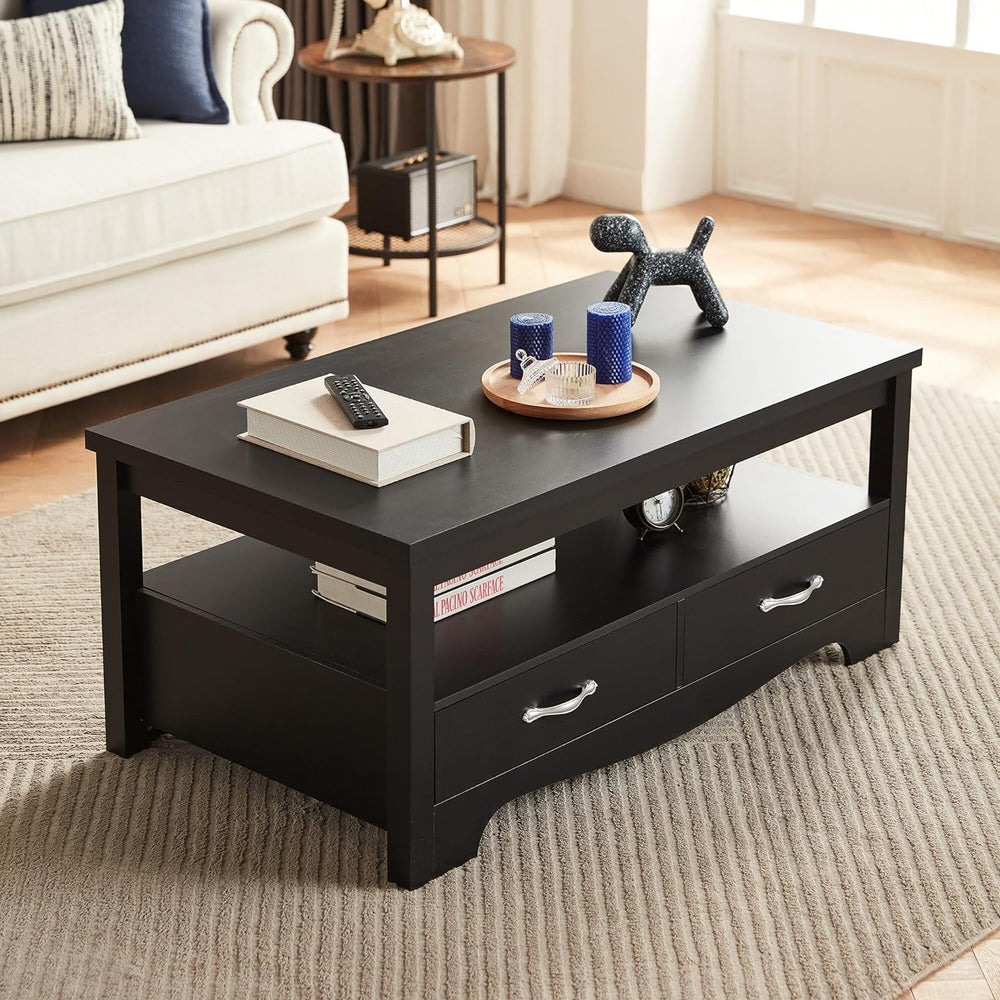 Farmhouse Coffee Table with Storage, Wood Coffee Table, Black