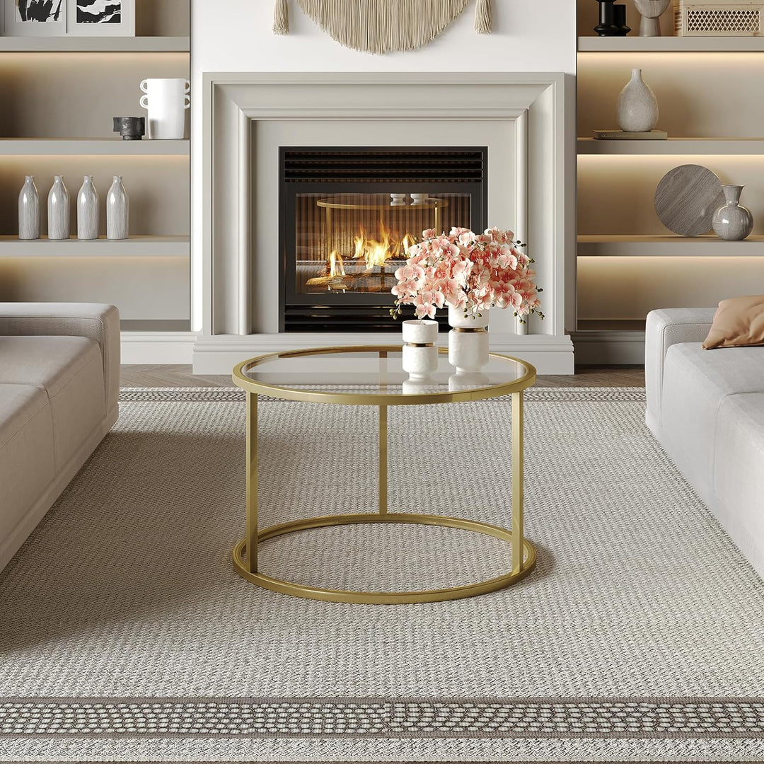 Small Glass Coffee Table with Gold Frame for Living Room