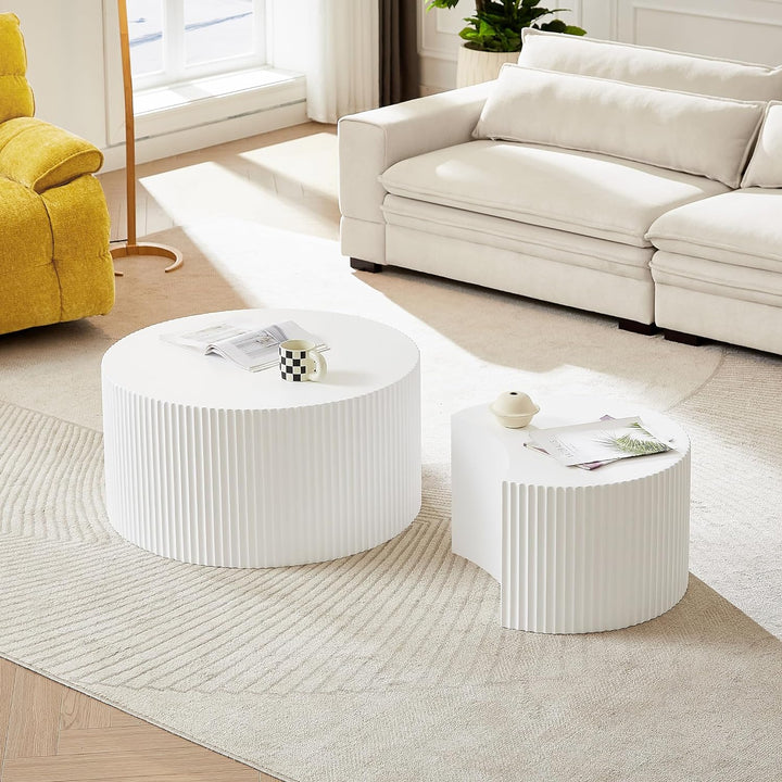 Modern Luxury Nesting Coffee Table Set, Wood Circle Drum, Round-white-2