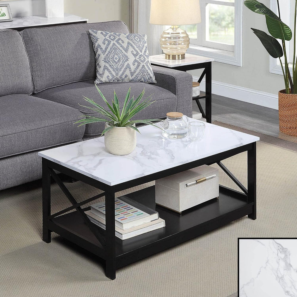 Convenience Concepts Oxford Coffee Table with Shelf, White Faux Marble