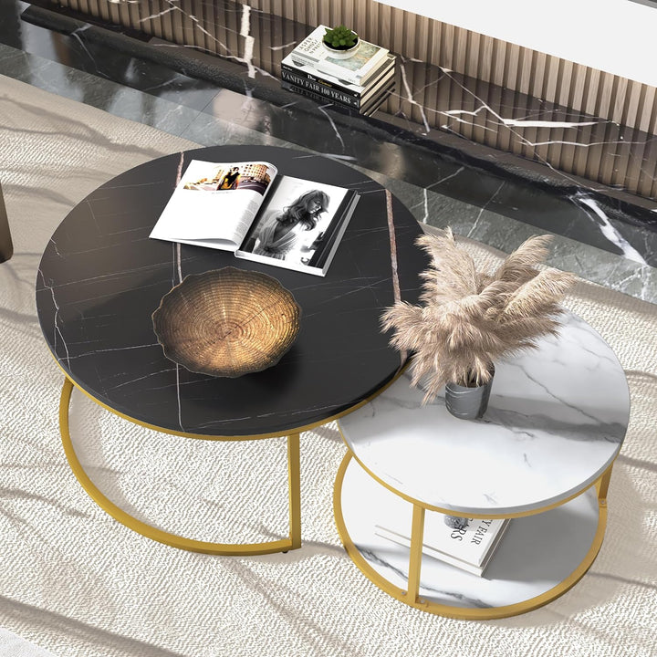 Elegant Modern Round Coffee Table Set, Black and White