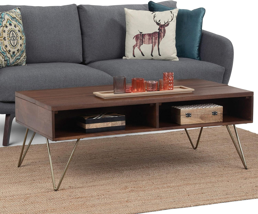 Solid Mango Wood and Metal Industrial Contemporary Lift Top Coffee Table, Umber Brown