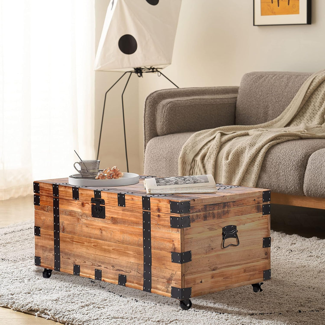 Rustic Wood Storage Trunk Coffee Table, Lift Top, Black Accents