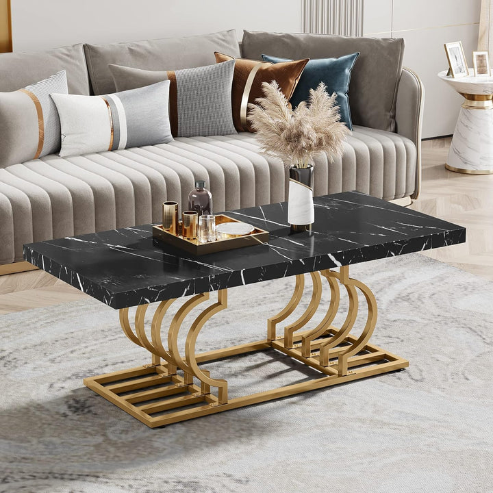 Faux Marble Coffee Table with Geometric Frame, Black and Gold