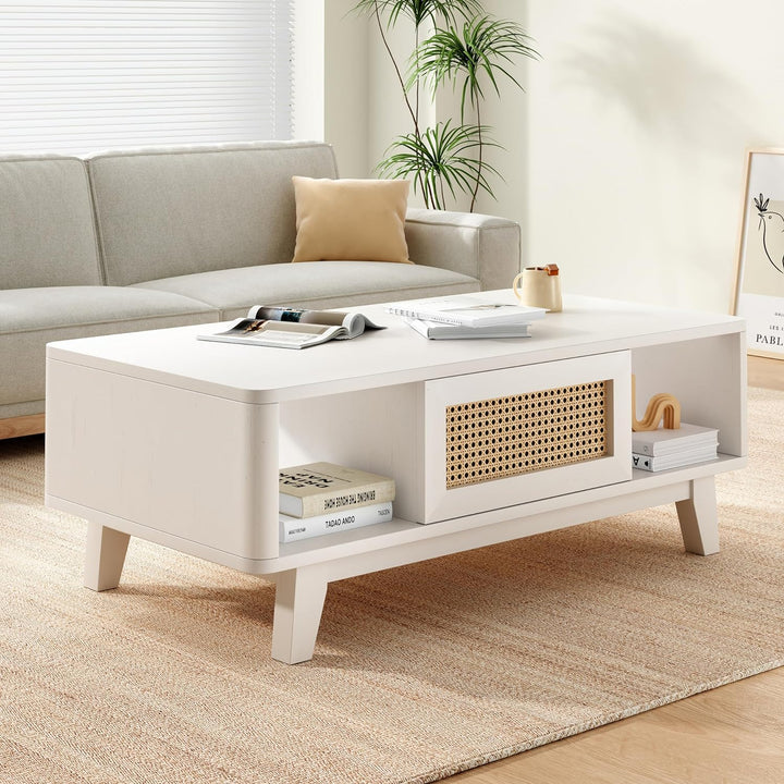 Coffee Table, Mid Century Modern Square with Storage, White