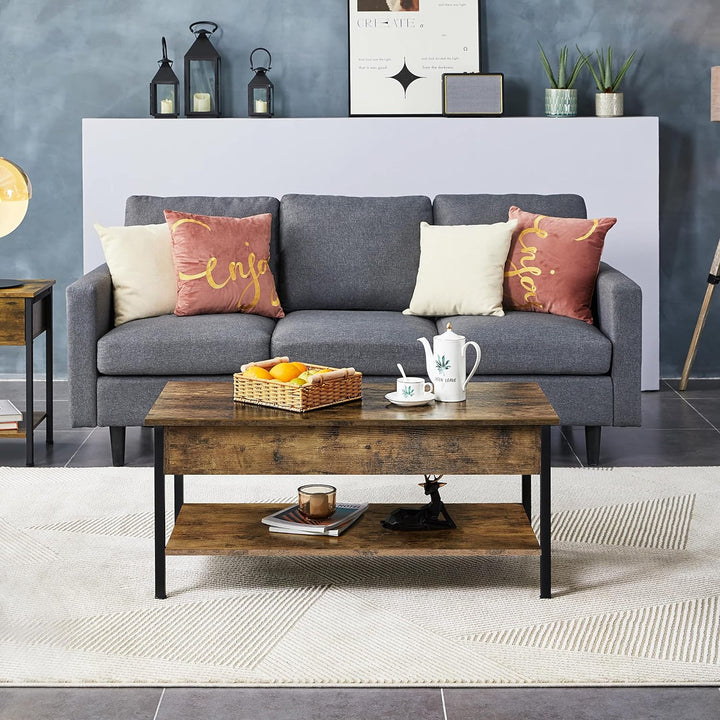 Lift Top Coffee Table w/ Hidden Storage, Wooden Lift-Up Table, Industrial Rustic Brown