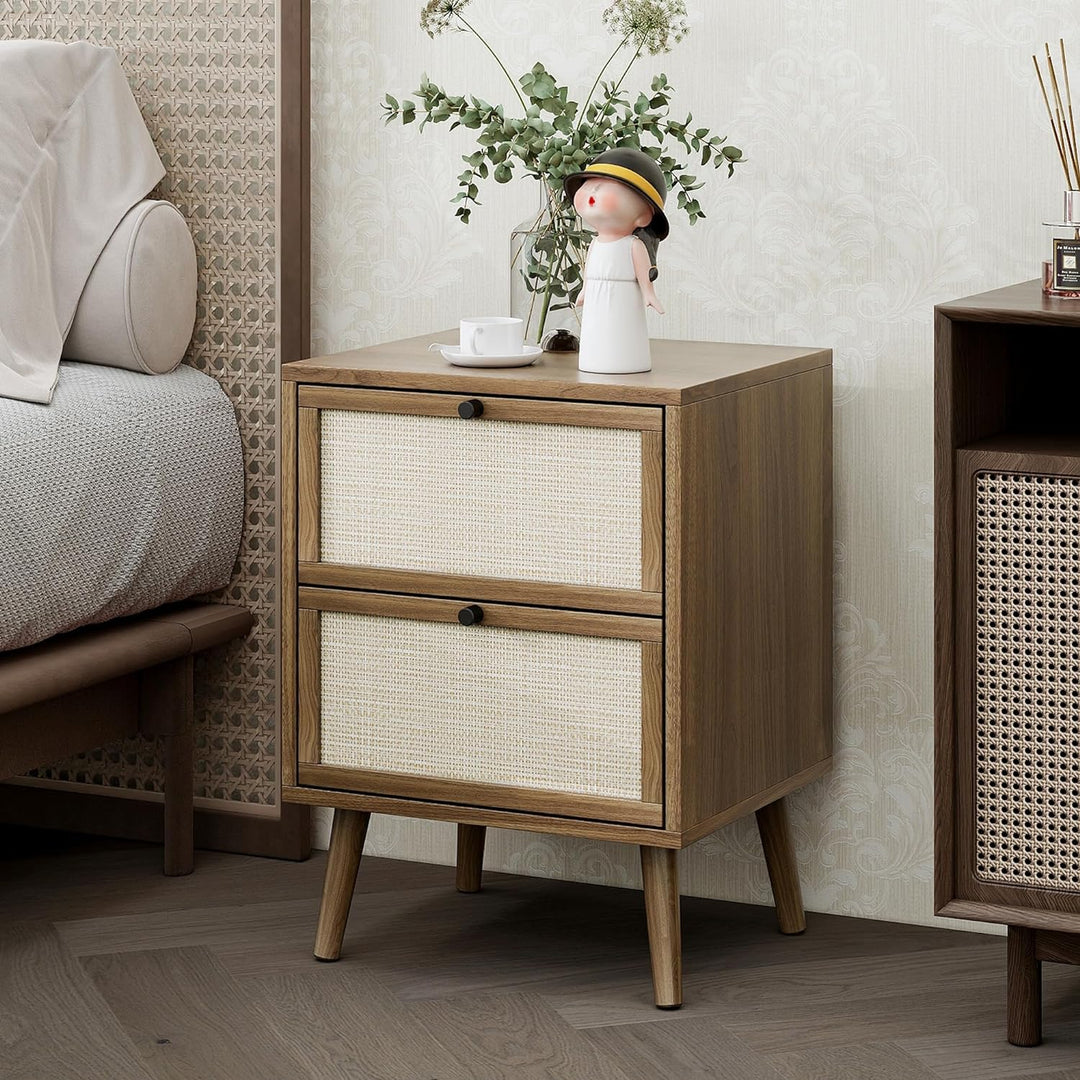 Rattan Nightstand Set of 2, 2-Drawer Wood Accent Table