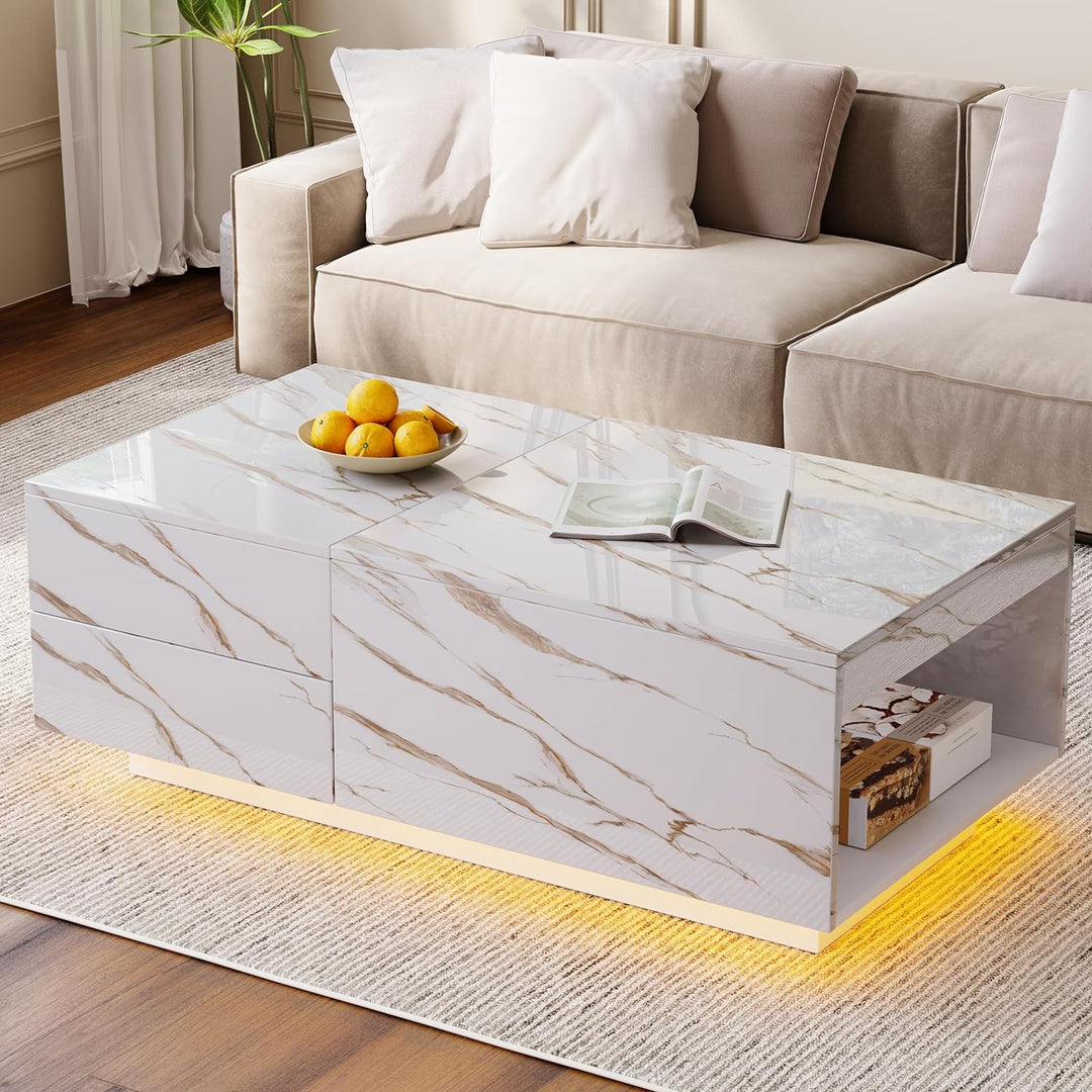 LED Coffee Table, Modern Center Table with Drawers, Ivory White