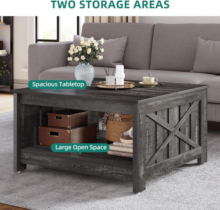 Rustic Farmhouse Coffee Table with Storage, Dark Oak