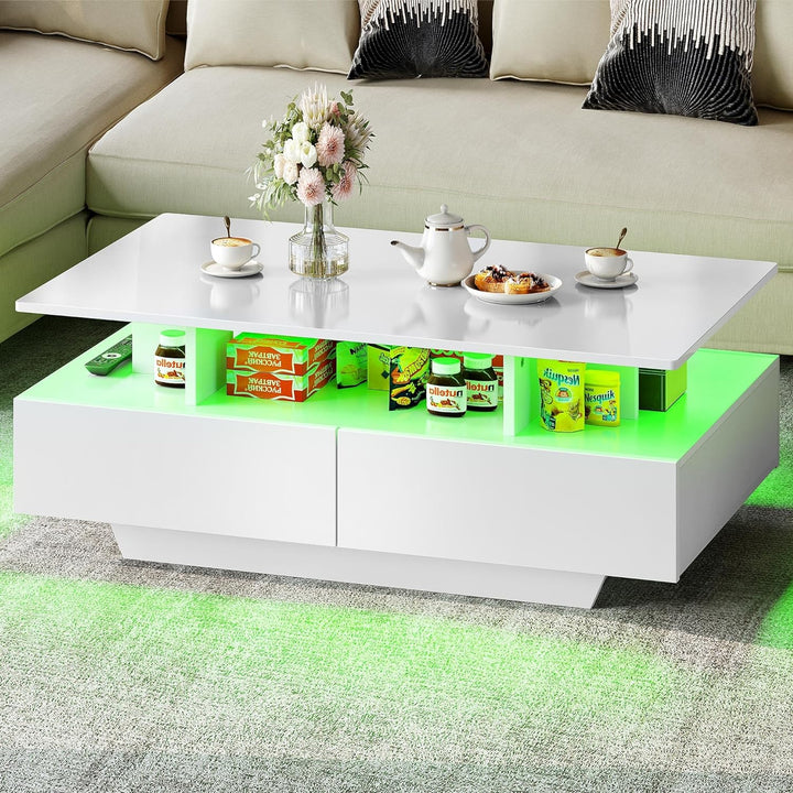 YITAHOME LED Coffee Table with Storage, High Glossy White