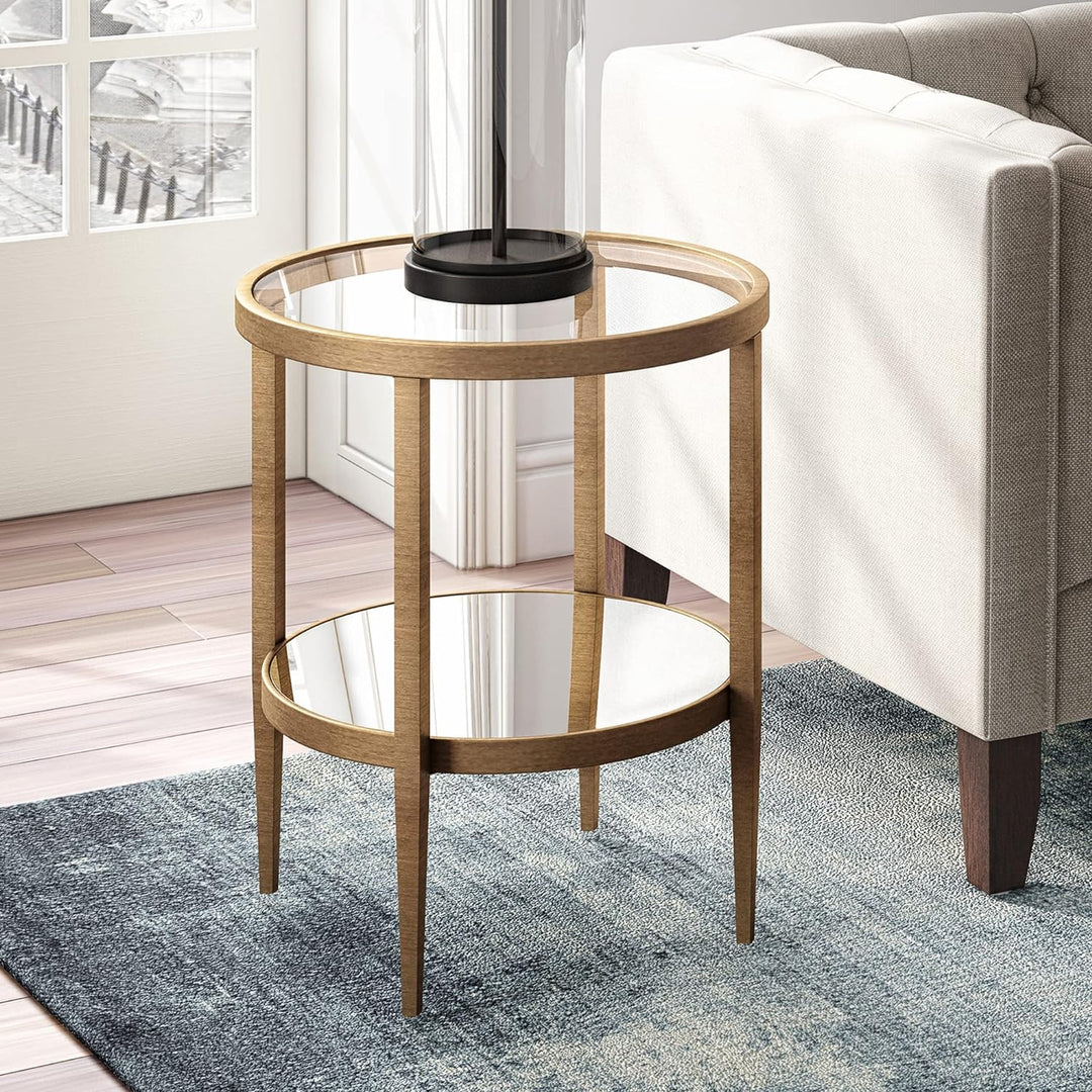 Elegant Round Side Table with Mirror Shelf, Antique Brass