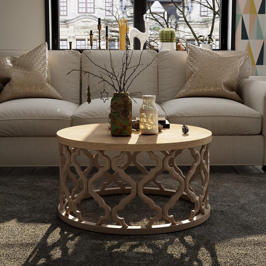 Farmhouse Coffee Table, Distressed Wood Top, Curved Motif Frame, Natural