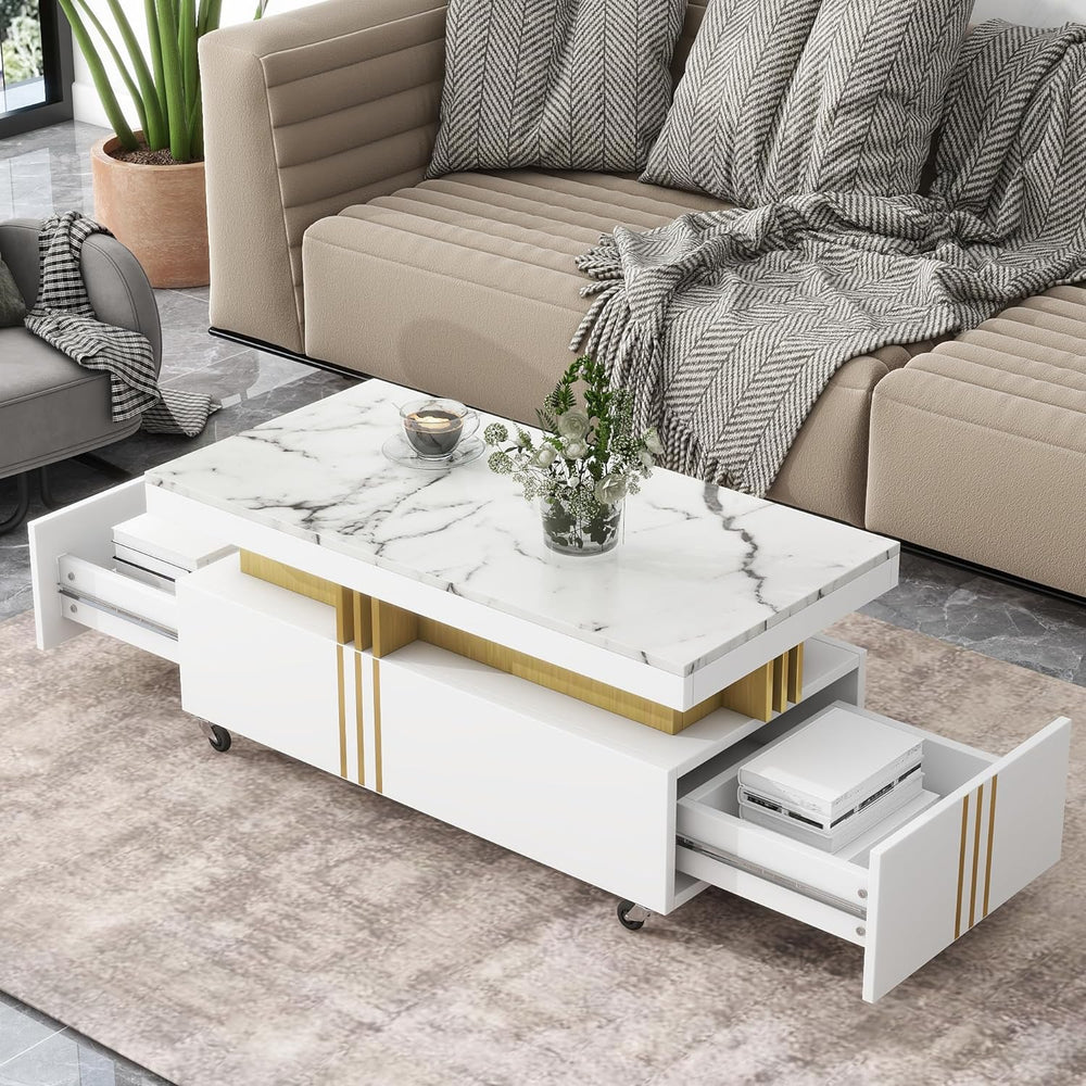 Faux Marble Coffee Table, Caster Wheels, Drawers, Gold Bars, White