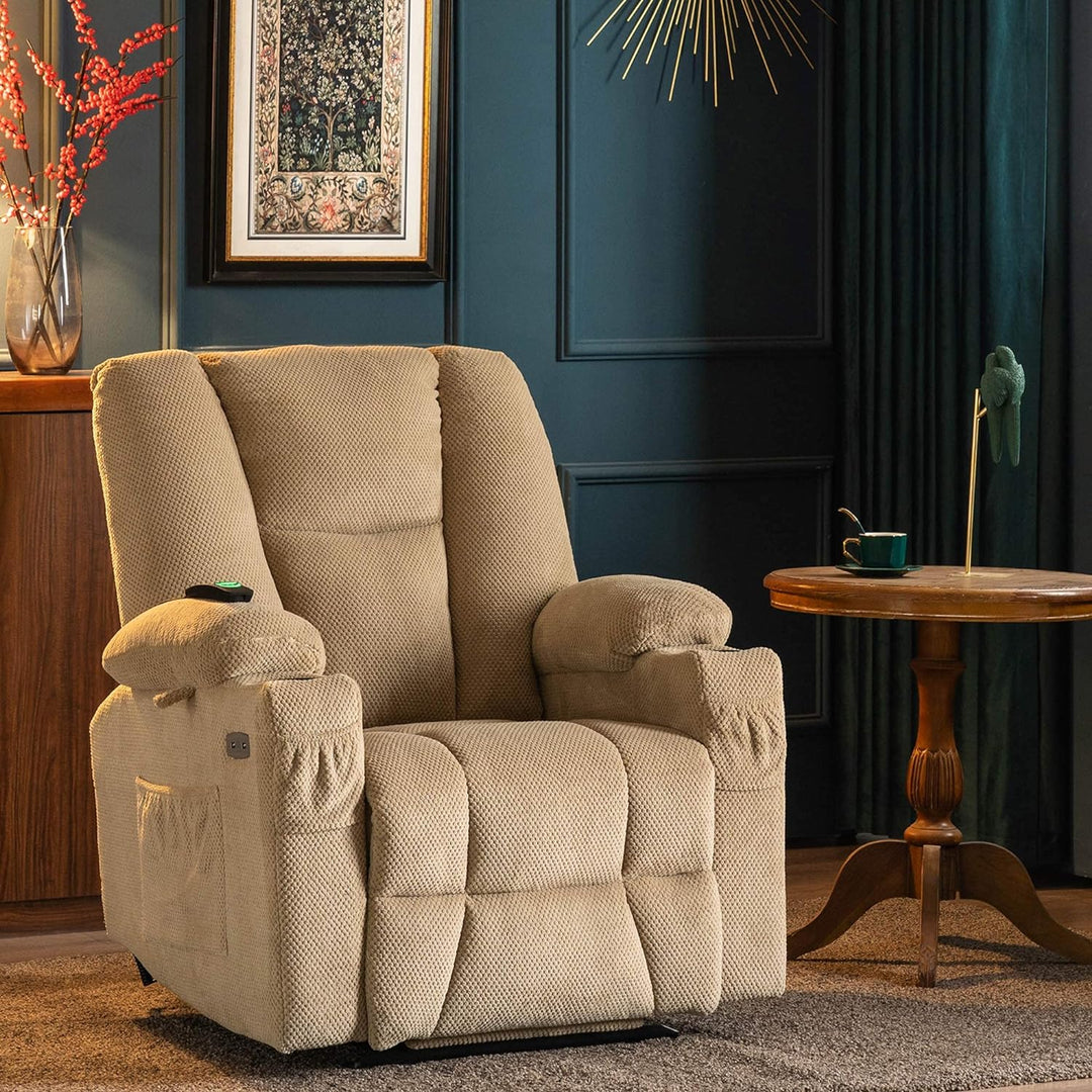 Fabric Electric Recliner Chair Heat Massage Beige