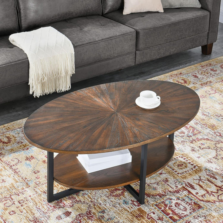 Oval Coffee Table with Storage Shelf, Farmhouse Sofa Center Table, Solid Wood Living Room Cocktail Table, Rustic Brown