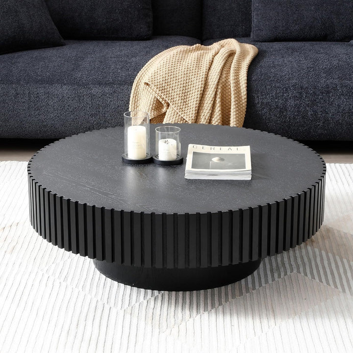 39.4" Black Round Coffee Table, Farmhouse Wood for Living Room