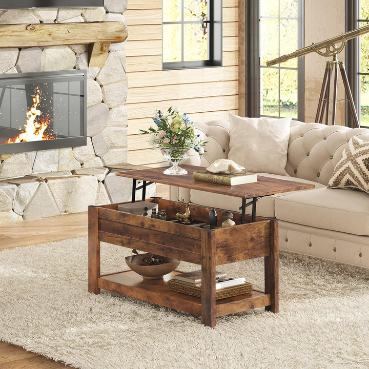 Modern Lift Top Coffee Table with Storage Shelf, Rustic Brown