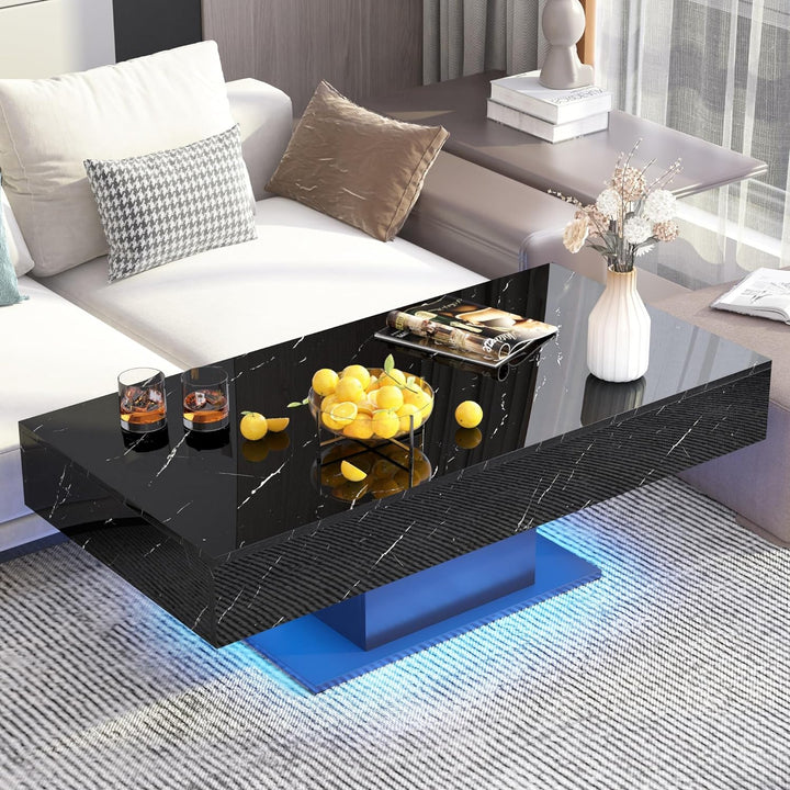 LED Coffee Table, Large Center Table, Smart Gaming Tea Table, High Gloss Black, Marbling Print