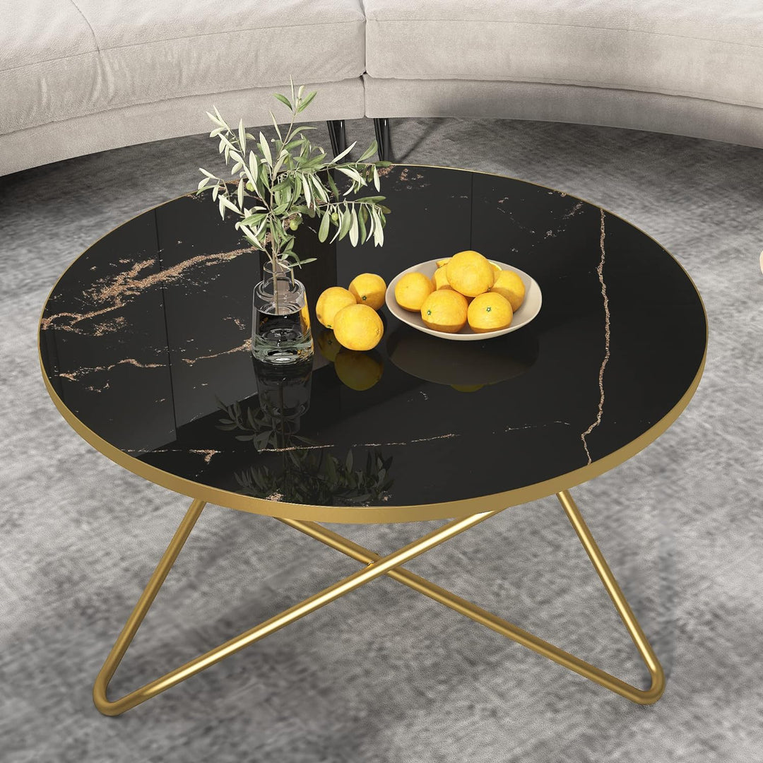 Faux Marble Top Round Coffee Table, Black