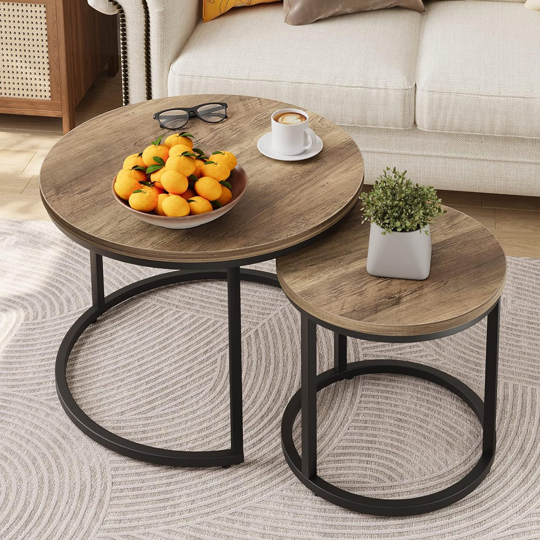 Rustic Round Coffee Table Set, Wood Grain Top, Adjustable Feet