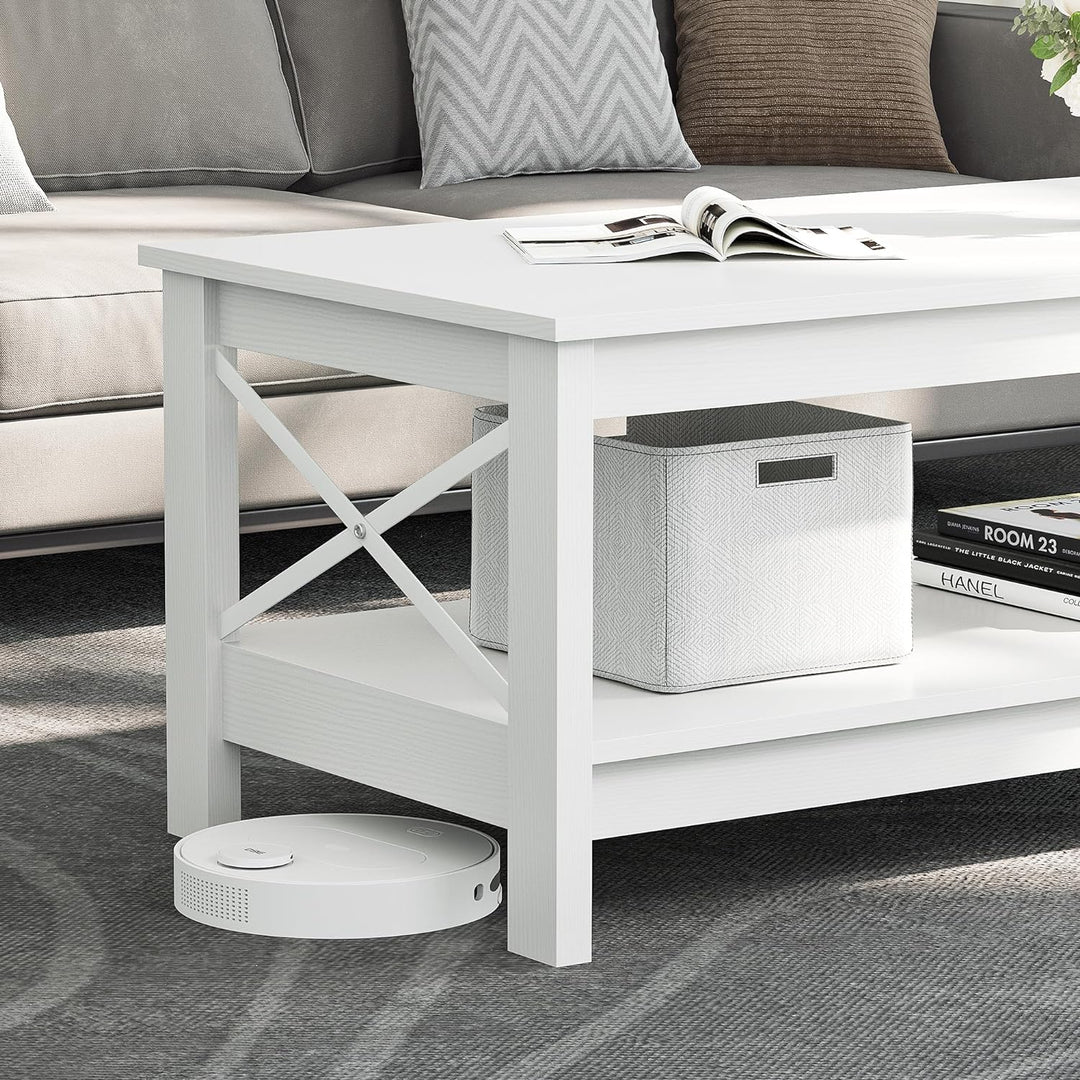 YITAHOME Modern Farmhouse Coffee Table with Storage, Wood Accent Cocktail Table, White