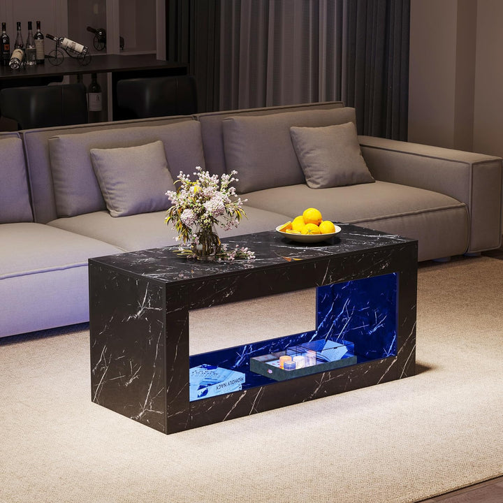 Modern Marble Print Coffee Table with Storage and Lighting, Black