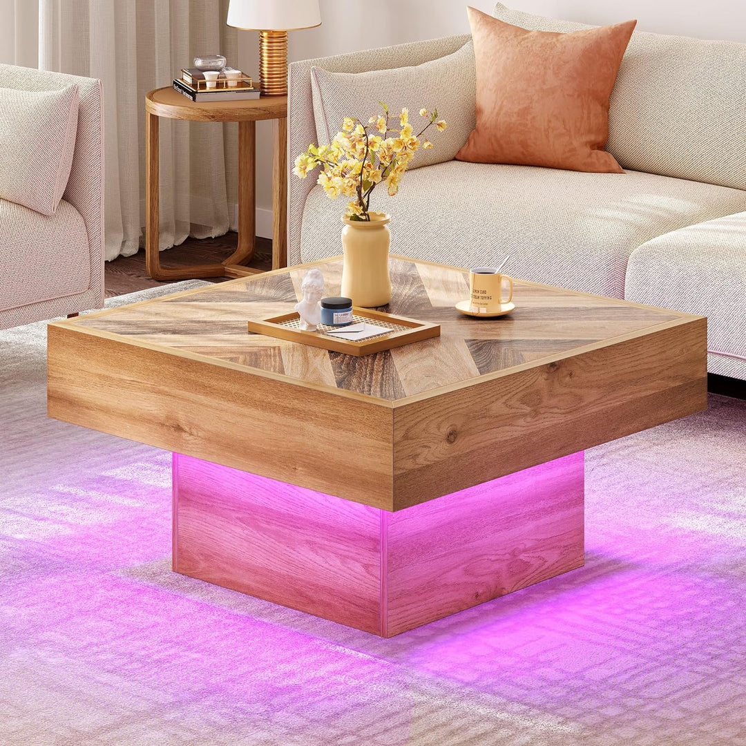 Farmhouse Coffee Table, Square Wood LED Table with Storage, Brown