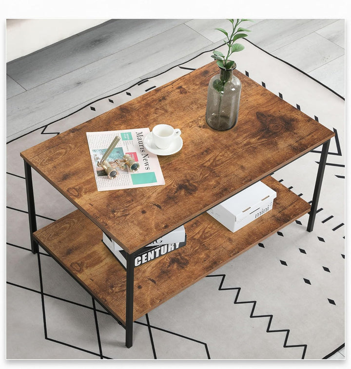 Small Rectangular Wood and Metal Coffee Table with Storage Shelf