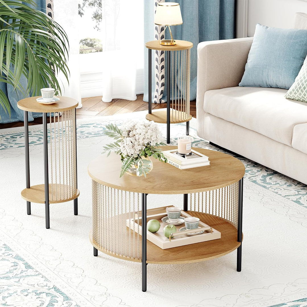 Boho Coffee Table Set with Wooden Round Tables, Metal Frame, Black