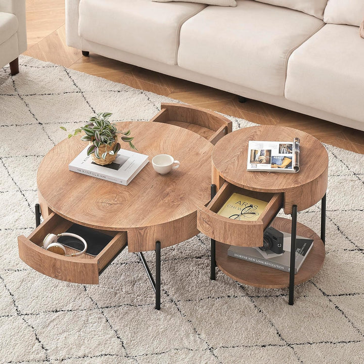 Rustic Round Coffee Table with Drawers, Farmhouse Wood Center Table, Natural