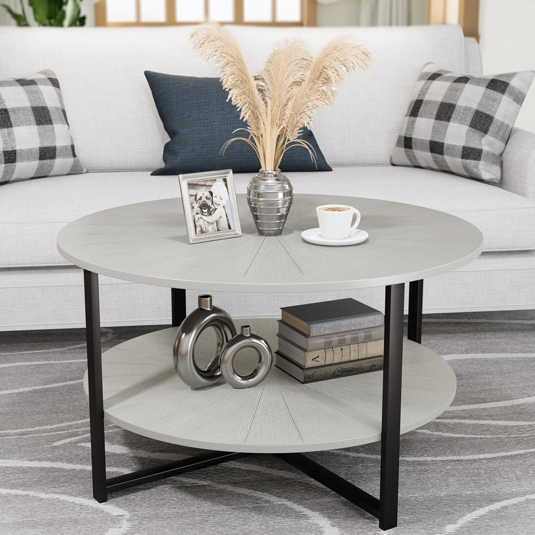 Elegant Round Wood Coffee Table, 2-Tier Open Shelf, Grey