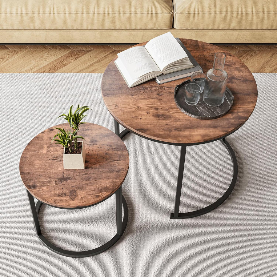 Round Coffee Table Set of 2, Rustic Brown