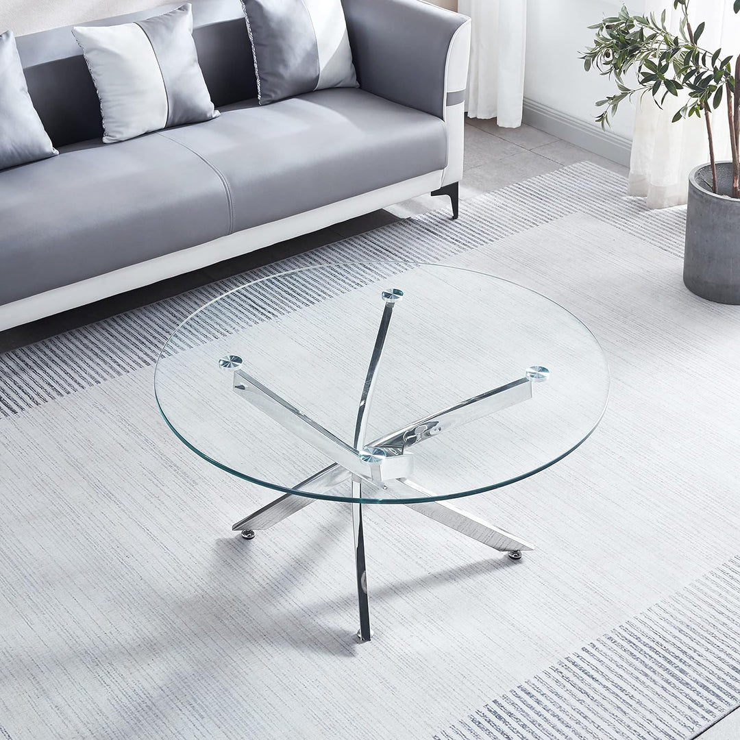 Pvillez Modern Glass Coffee Table, Round Center Table, Silver