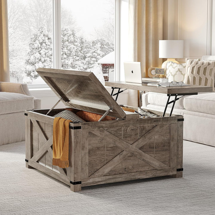 EnHomee Lift Top Coffee Table, Farmhouse, Hidden Storage, Grey