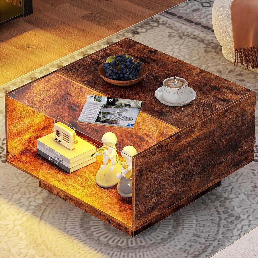 Yusong Modern Glass Top Coffee Table with Storage, Rustic Brown