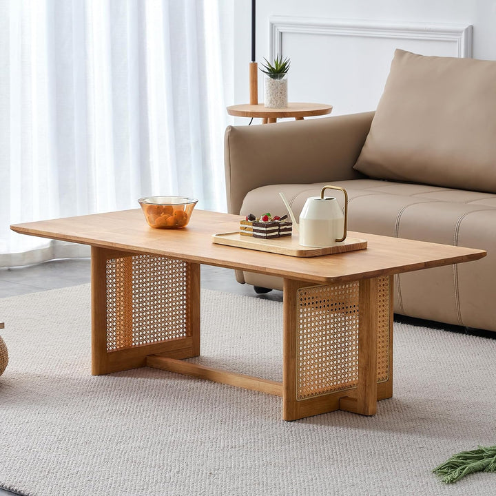 Mid Century Modern Wood Coffee Table with PE Rattan Stand