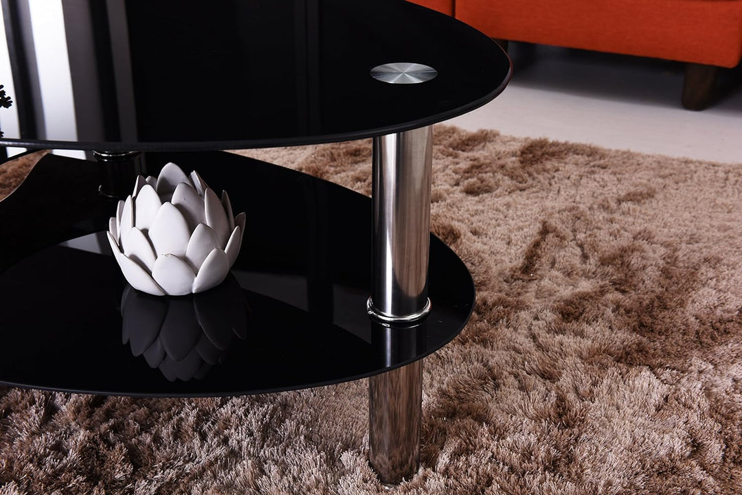 Elegant Three-Tier Oval Glass Coffee Table, Black