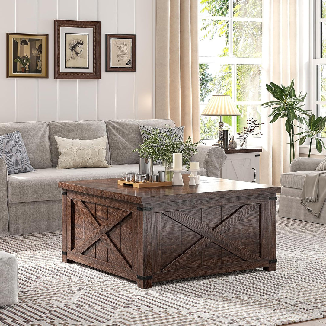 Farmhouse Coffee Table with Hidden Storage, Large Lift Top, Brown