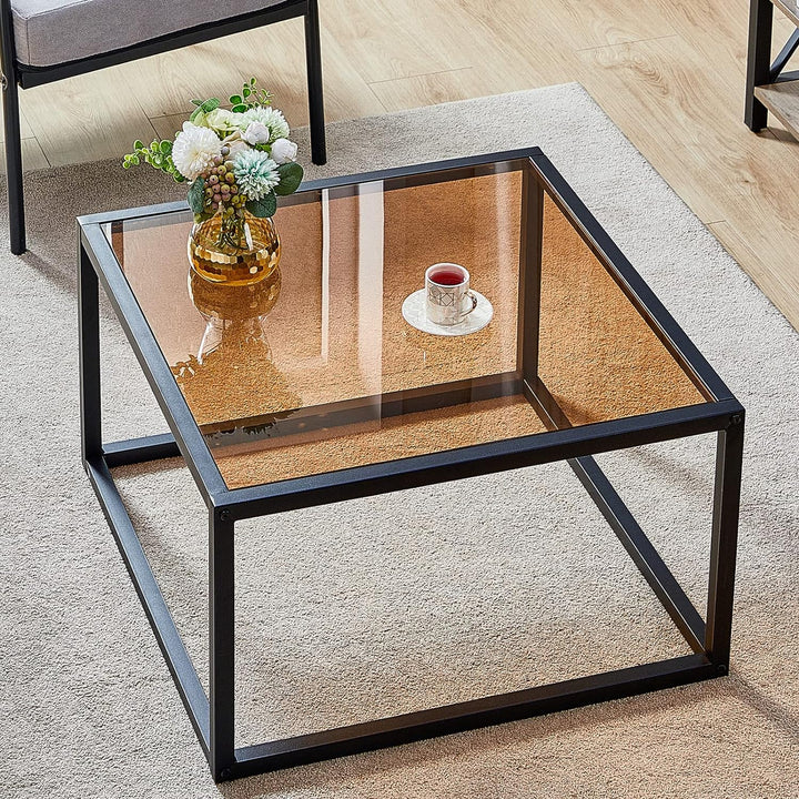 Glass Coffee Table, Modern Square Center Table, Tempered Glass Top, Brown