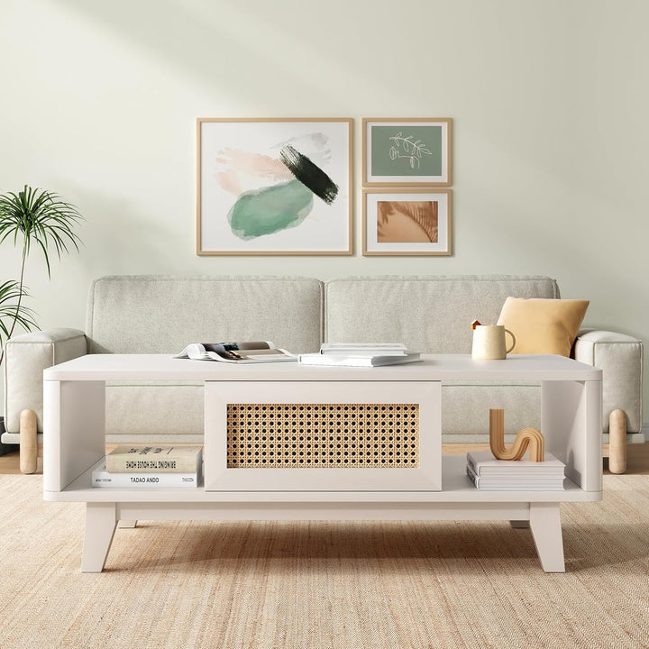 Coffee Table, Mid Century Modern Square with Storage, White