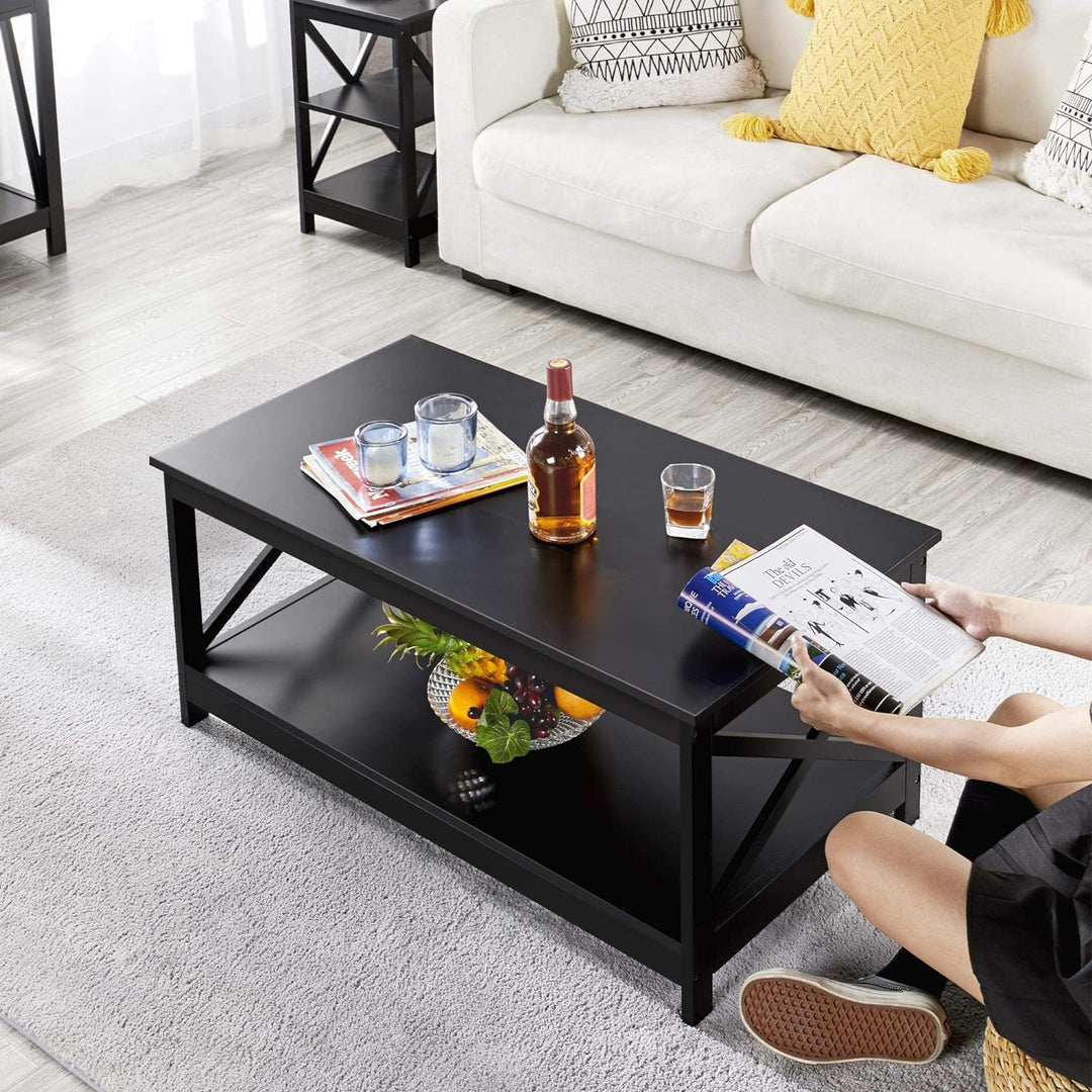 Stylish 2-Tier Wood Coffee Table, X-Shaped Accent Cocktail Table, Black